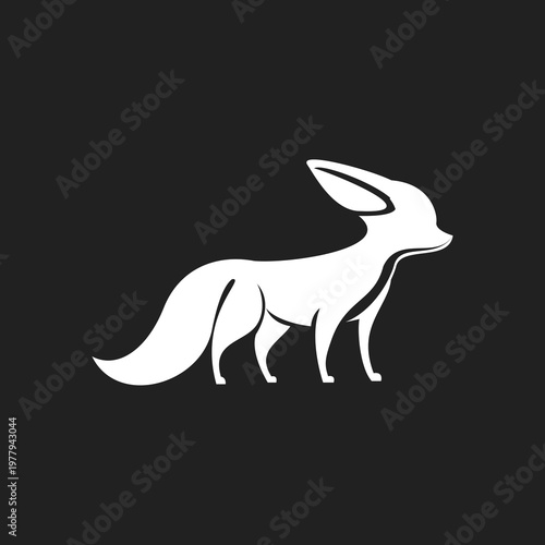 White Fennec Fox Silhouette Logo Standing in Profile on Black Background