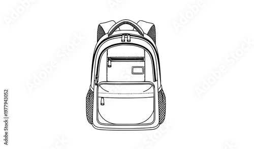 Detailed school backpack outline vector with multiple compartments minimalist black and white line icon for education design