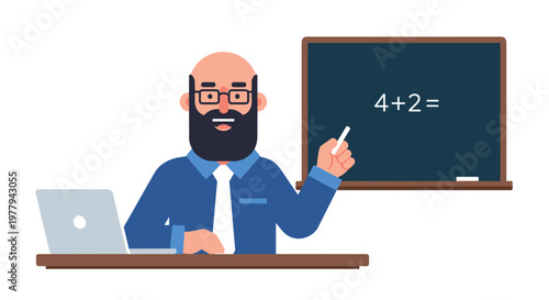 Bearded bald teacher with glasses points to blackboard with math equation laptop on desk representing education