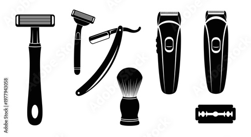 Collection of vintage and modern shaving tools including razor straight razor shaving brush electric clippers
