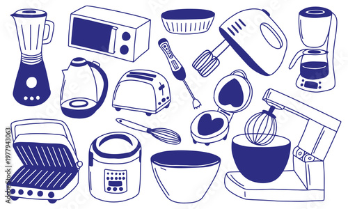 Kitchen Appliances Hand Drawn Vector Set. Collection of hand drawn kitchen appliances and utensils including blender, microwave, toaster, coffee maker, mixer, kettle and grill