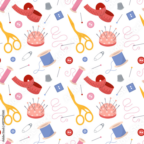 Seamless Pattern with Sewing Tools, Scissors and Pincushion. Detailed seamless vector pattern with sewing accessories including scissors, pincushion, threads, measuring tape, needles and buttons