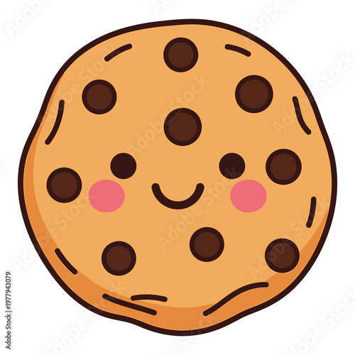 Cartoon chocolate chip cookie with smiling face and rosy cheeks isolated on white background icon