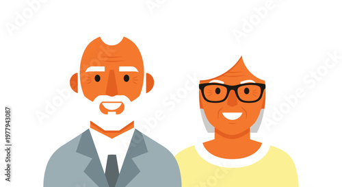 Happy elderly couple portrait senior man in suit and woman with glasses flat illustration style symbolizing love