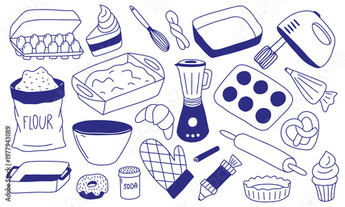 Baking Ingredients and Utensils Doodle Vector Set. Hand drawn baking and cooking elements including flour, eggs, whisk, rolling pin, cupcakes, tray and kitchen tools