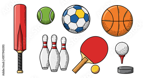 Diverse collection of popular sports equipment including cricket bat tennis ball soccer ball basketball bowling pins