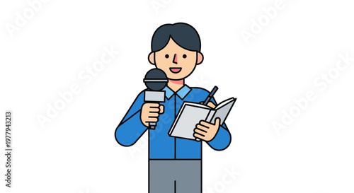 Professional Male Reporter with Microphone and Notebook - Reporting News or Conducting an Interview in a Modern Flat Vector Illustration