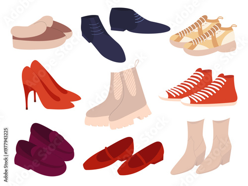 Various Shoes Types Flat Vector Set. Set of different footwear including sneakers, boots, heels, loafers and casual shoes. Modern flat vector illustration isolated on light background