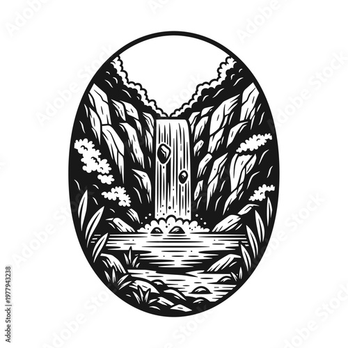 Waterfall Illustration in Oval Frame.