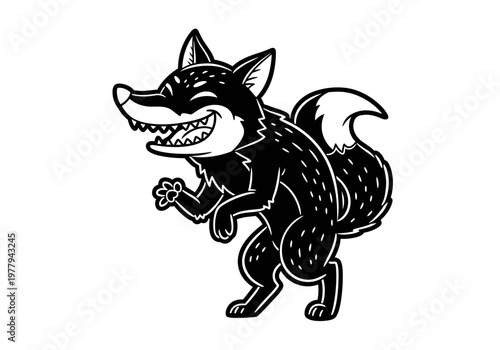 Cartoon black fox with a mischievous grin.