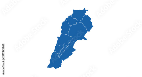 Blue map silhouette of lebanon divided into administrative regions with white background geographic representation