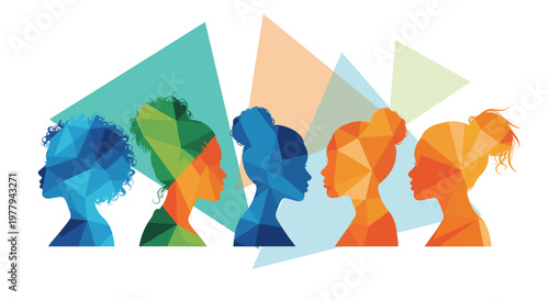 Diverse group of women's silhouettes in vibrant geometric patterns celebrating unity and individuality with abstract