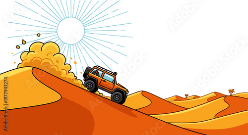 Orange off road vehicle conquering desert sand dunes under a stylized bright sun kicking up dust clouds