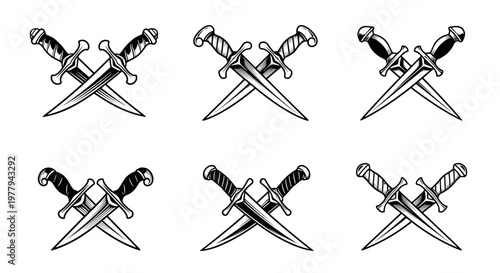 Set of Six Crossed Daggers Illustrations.