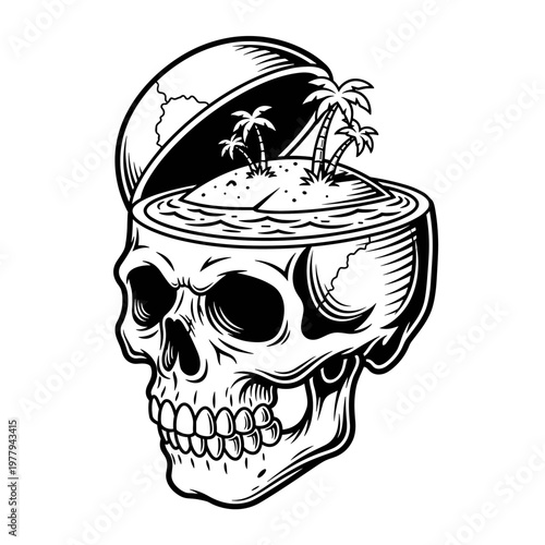 Skull filled with tropical island and palm trees.