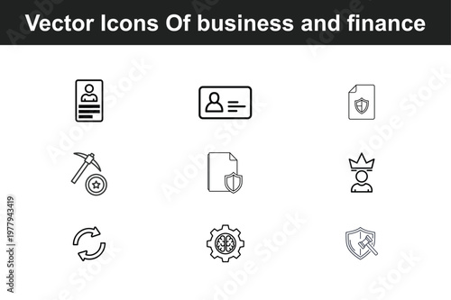 Set of nine vector icons for business and finance including id cards, security, and legal symbols. isolated on white background, Vector, illustration