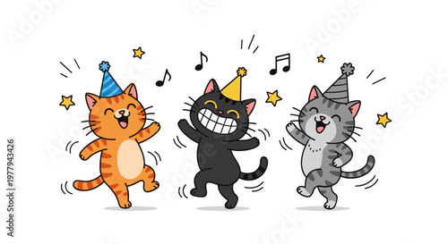 Joyful cats in party hats dancing and celebrating with musical notes and stars conveying happiness and festive