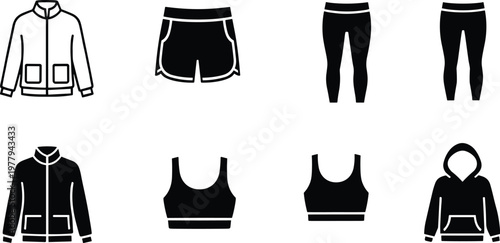 Sportswear clothing icon set, jacket shorts leggings sports bra hoodie symbols, outline and solid styles, fitness apparel vector illustration isolated on white background