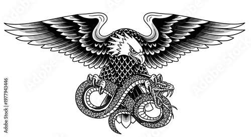 Powerful eagle grappling a coiled snake in a dramatic stylized black and white illustration symbolizing strength