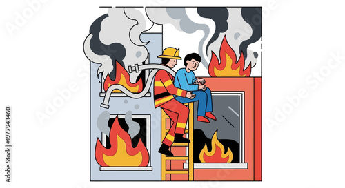 Firefighter rescuing a child from a burning building by ladder, showing safety and bravery during emergency situations