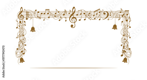 Elegant golden musical notes arch frame with bells and decorative swirls perfect for invitations concert announcements