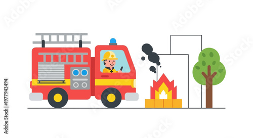 Firefighter responding to a building fire in a cartoon style, illustrating emergency services