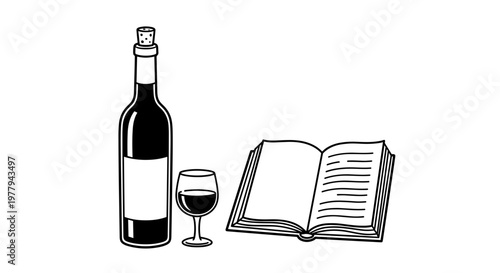 Elegant bottle of red wine and a full glass sit next to an open book symbolizing relaxation and intellectual pursuit