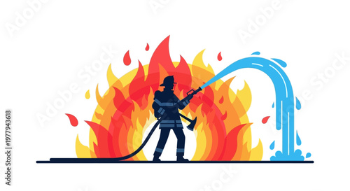 Firefighter battling a large blaze with water from a hose, symbolizing bravery and emergency response