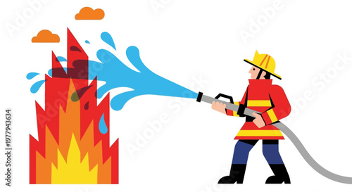 Brave Firefighter Battling a Dangerous Building Blaze with Water Hose, Showcasing Emergency Response and Public Safety Efforts