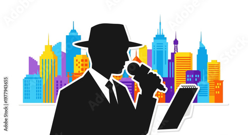 Man in a fedora with microphone and notepad in front of a colorful cityscape