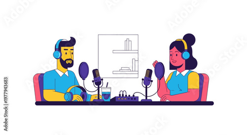 Engaging online podcast recording session featuring a male and female host sharing insights and audio content in a modern studio setup