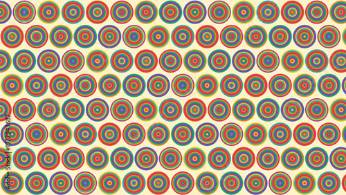 Seamless pattern with vibrant, colorful concentric circles in a psychedelic retro style, featuring a cheerful and playful geometric design on a light cream background, ideal for modern