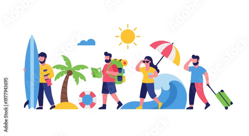 Vacationers enjoying a tropical beach holiday with surfing and sunbathing