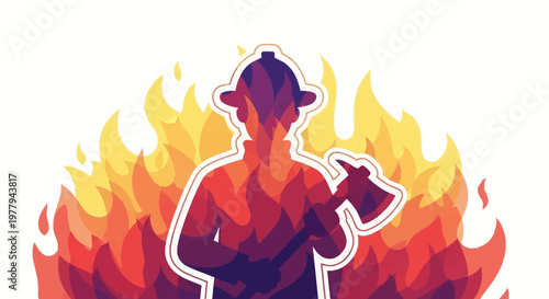 Firefighter in silhouette against a backdrop of flames, holding an axe