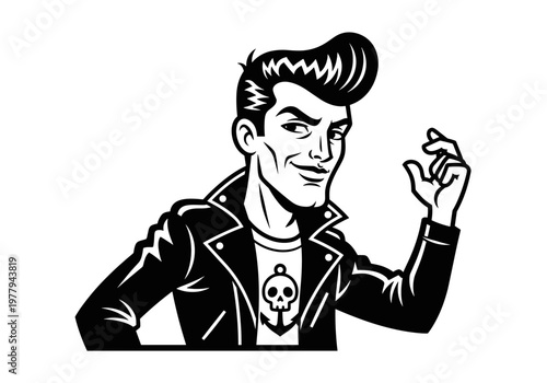 Retro Rocker Man with Pompadour Hairstyle and Leather Jacket.