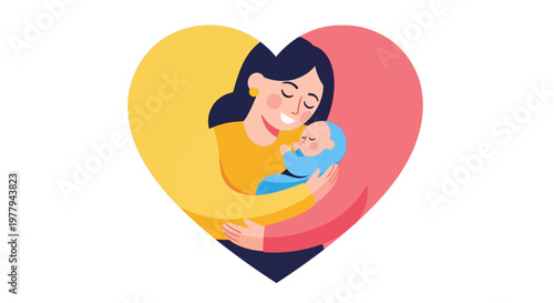 Heartfelt illustration of a mother gently holding her baby, embodying maternal affection and the warmth of a new family bond