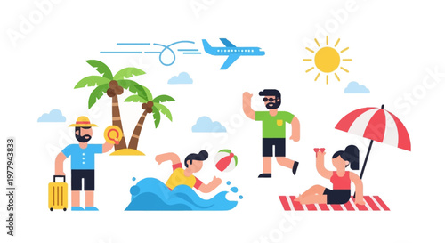 Summer vacation with family and friends enjoying beach activities and flying on vacation