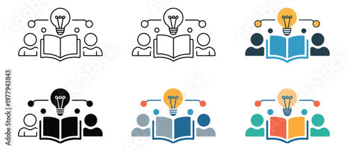 Knowledge exchange icon set vector illustrating knowledge sharing process with stylized open books, light bulbs, and people silhouettes for education, learning, and collaboration concept
