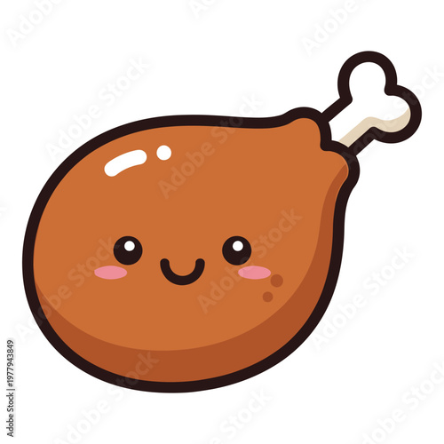 Cute cartoon fried chicken leg with smiling face and rosy cheeks icon