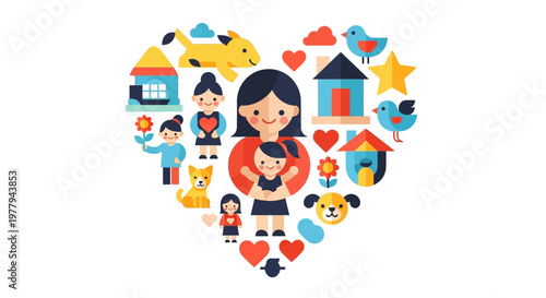 Family Love And Care Symbolized By A Heart Full Of Happy People, Animals, And Homes
