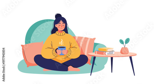 Cozy evening comfort Woman in yellow sweater sips a warm beverage, enjoying quiet relaxation at home with books and plant