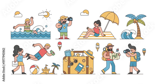 Discover joy of summer travel with playful illustrations of beach fun, exploration, and relaxing vacation moments