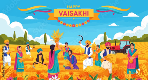 Happy Vaisakhi festival with people harvesting wheat in a field.