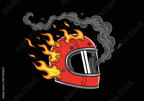 Red Motorcycle Helmet on Fire with Smoke.