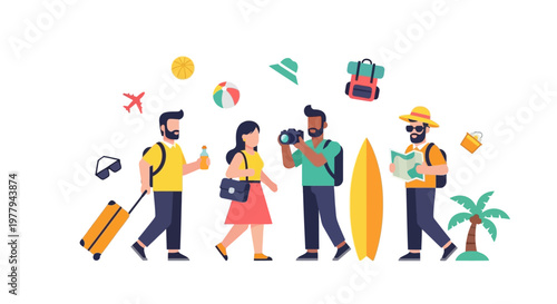 Happy people enjoying their summer vacation, traveling and exploring new destinations with luggage and beach accessories