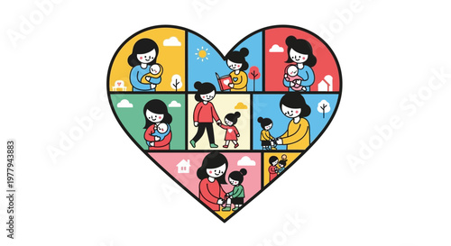 Heartwarming moments of motherhood A vibrant illustration showcasing maternal love, family bonding, and child care in diverse daily scenes