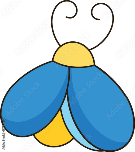 Cute blue and yellow firefly cartoon hand drawn minimalist bug illustration for kids and nature decor