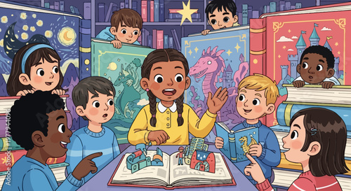 Diverse children enjoying an imaginative storytelling session in a vibrant library.