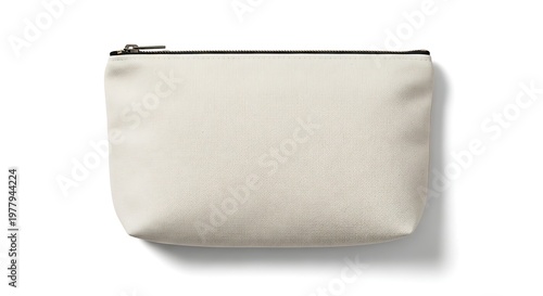 A white zippered pouch with a complex abstract architectural blueprint design printed on its surface isolated on white
