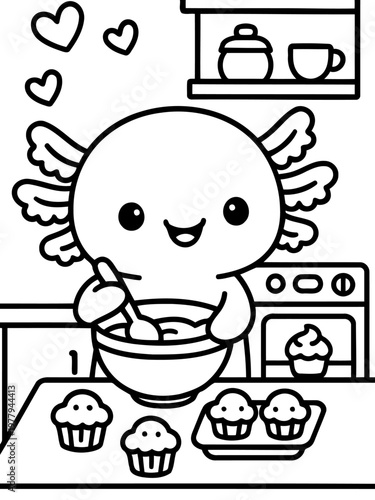 Axolotl Chef in the Kitchen: An adorable axolotl, beaming with joy, bakes in the kitchen with cupcakes, mixing batter. A heart themed to show love and kindness. 